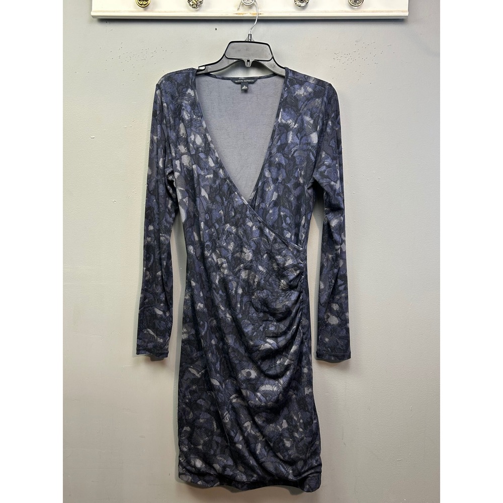Banana Republic Dress Womens M Blue Abstract Faux Wrap Ruched Long Sleeve
